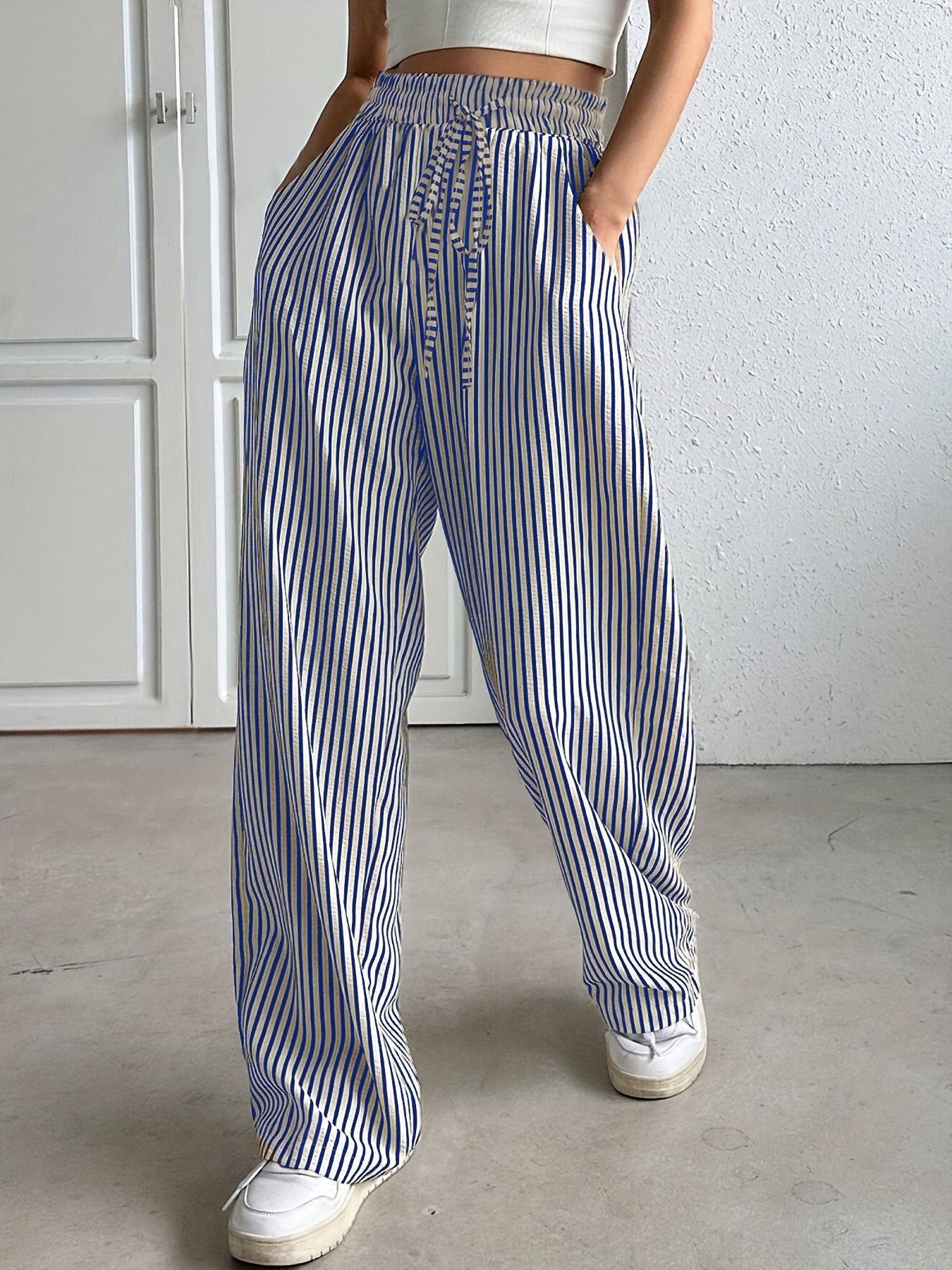 Heidi dames broek met strepen – wijde pantalon met elastische taille en zakken