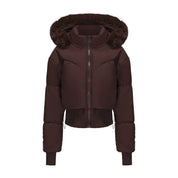 Cropped dames donsjas met afneembare capuchon – korte winterjas met kunstbont