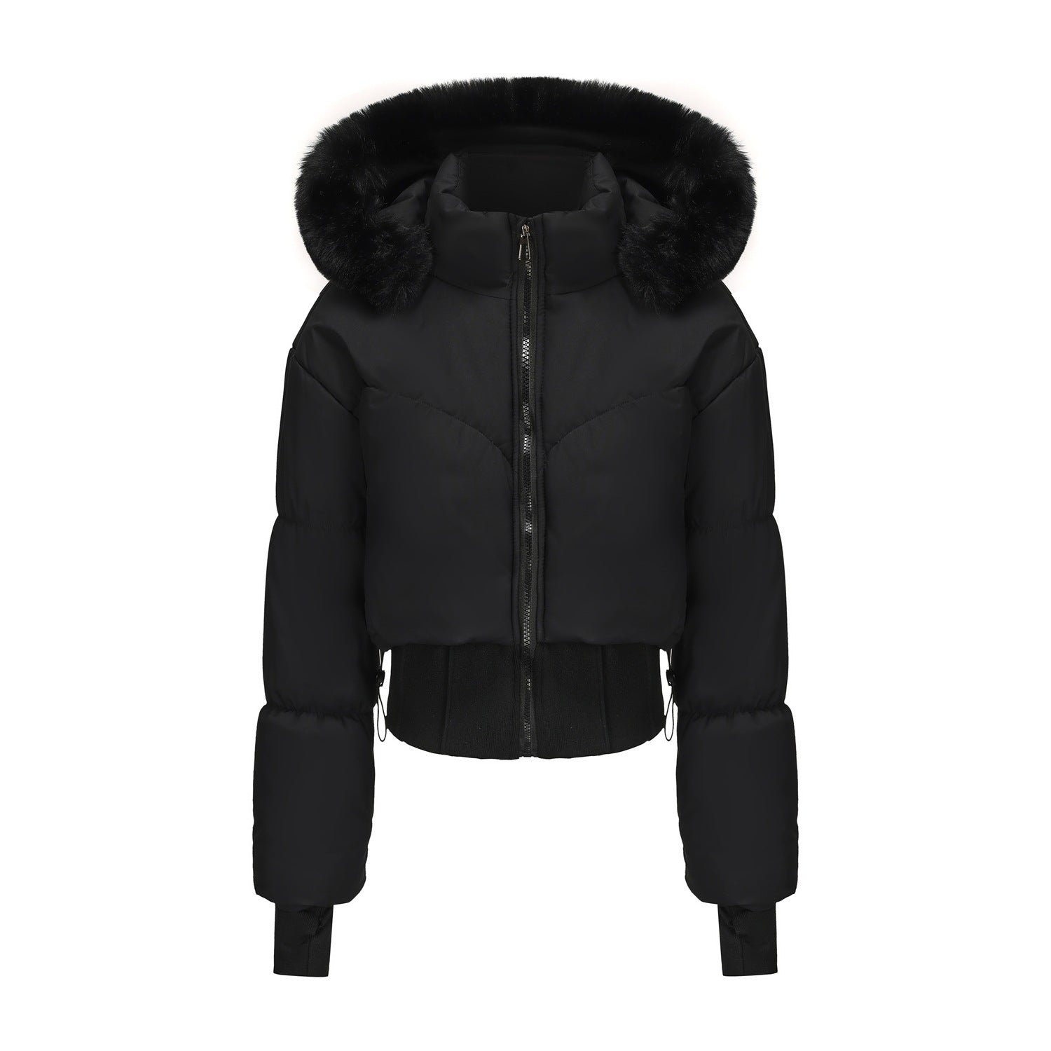 Cropped dames donsjas met afneembare capuchon – korte winterjas met kunstbont