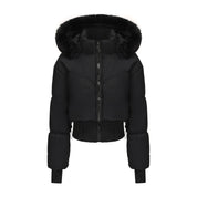 Cropped dames donsjas met afneembare capuchon – korte winterjas met kunstbont