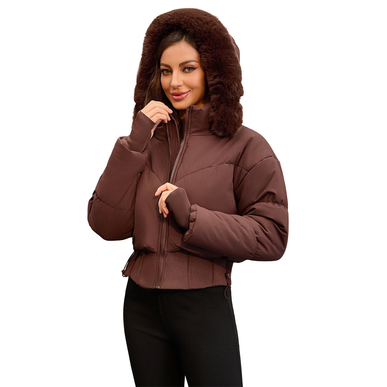 Cropped dames donsjas met afneembare capuchon – korte winterjas met kunstbont