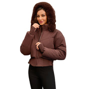 Cropped dames donsjas met afneembare capuchon – korte winterjas met kunstbont