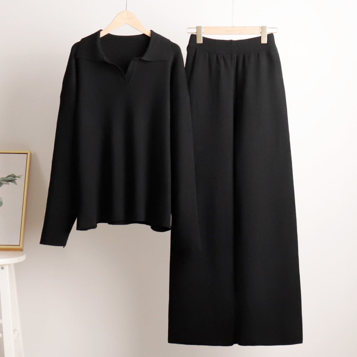 Dames Loungewear Set – Gebreide Tweedelige Set met Oversized Trui, Kraag & Wijde Broek