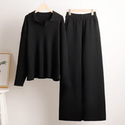 Dames Loungewear Set – Gebreide Tweedelige Set met Oversized Trui, Kraag & Wijde Broek