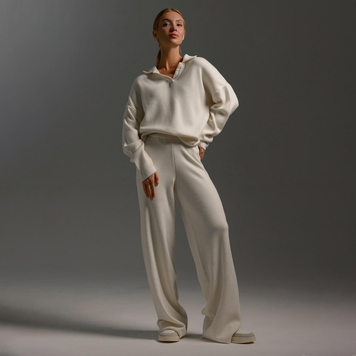 Dames Loungewear Set – Gebreide Tweedelige Set met Oversized Trui, Kraag & Wijde Broek