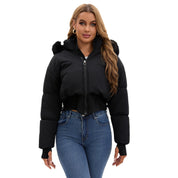 Cropped dames donsjas met afneembare capuchon – korte winterjas met kunstbont