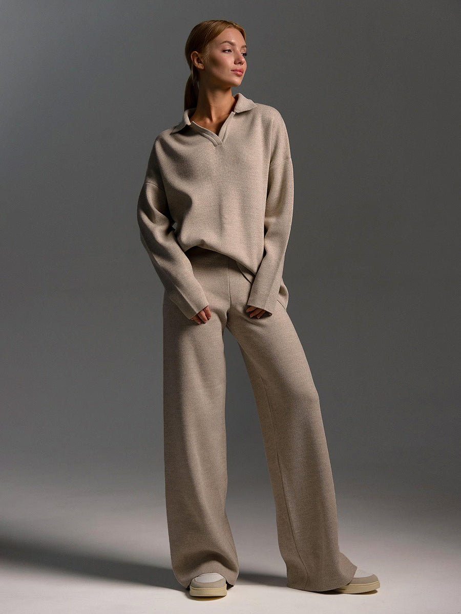 SEMNA cozy lounge set – ivoor relax pak met col en wide-leg broek
