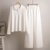Dames Loungewear Set – Gebreide Tweedelige Set met Oversized Trui, Kraag & Wijde Broek