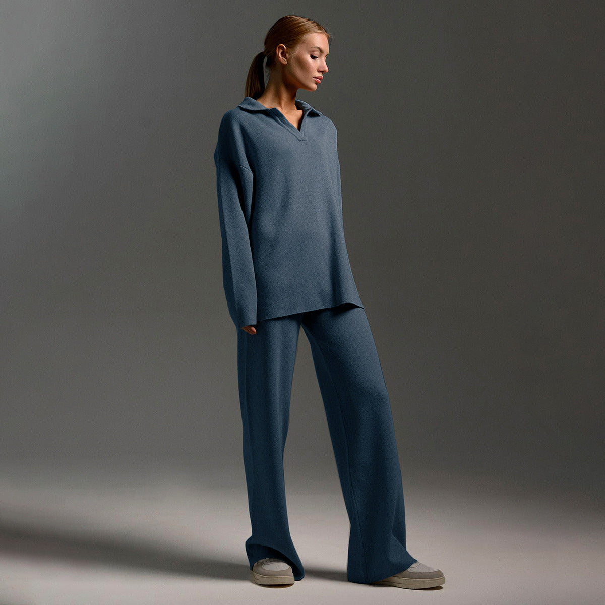 Dames Loungewear Set – Gebreide Tweedelige Set met Oversized Trui, Kraag & Wijde Broek
