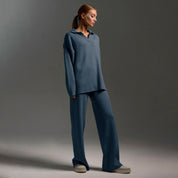 Dames Loungewear Set – Gebreide Tweedelige Set met Oversized Trui, Kraag & Wijde Broek