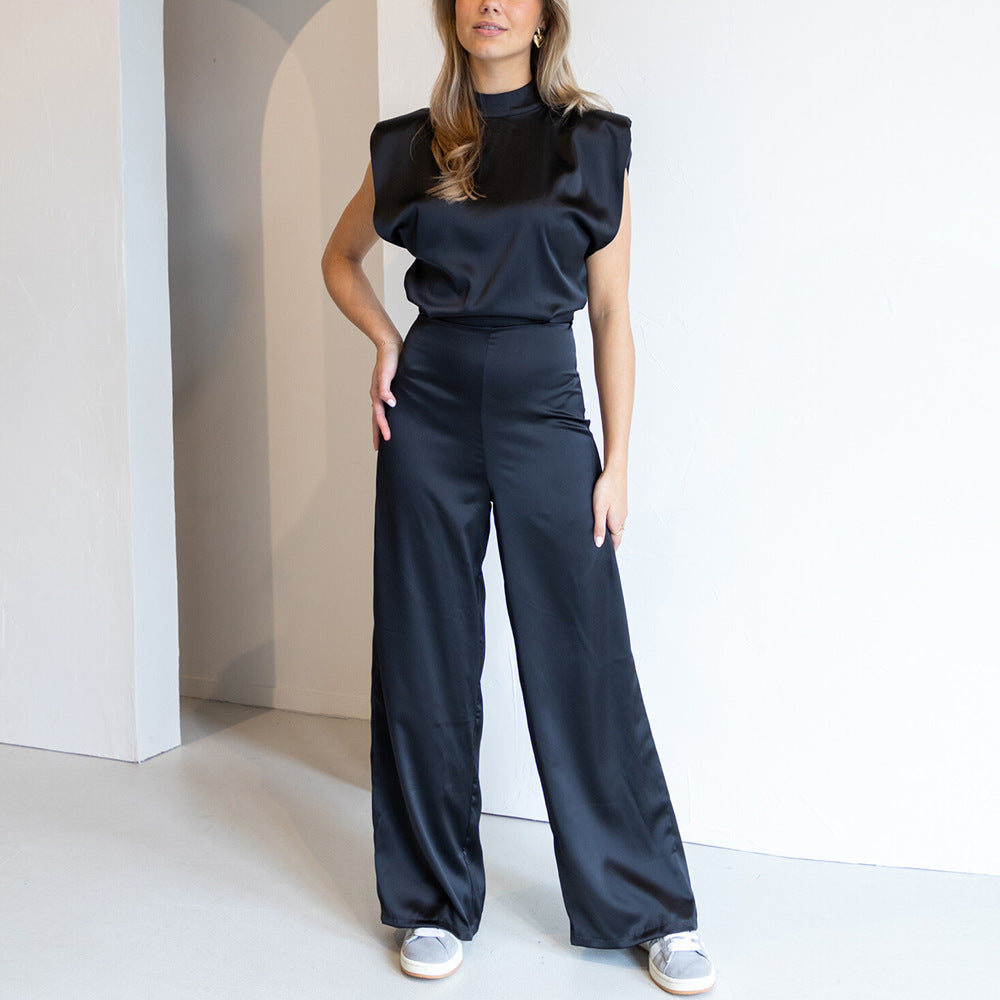 Dames Jumpsuit – Chique Satijnlook met Wijde Pijpen, Open Rug & Luxe Pasvorm