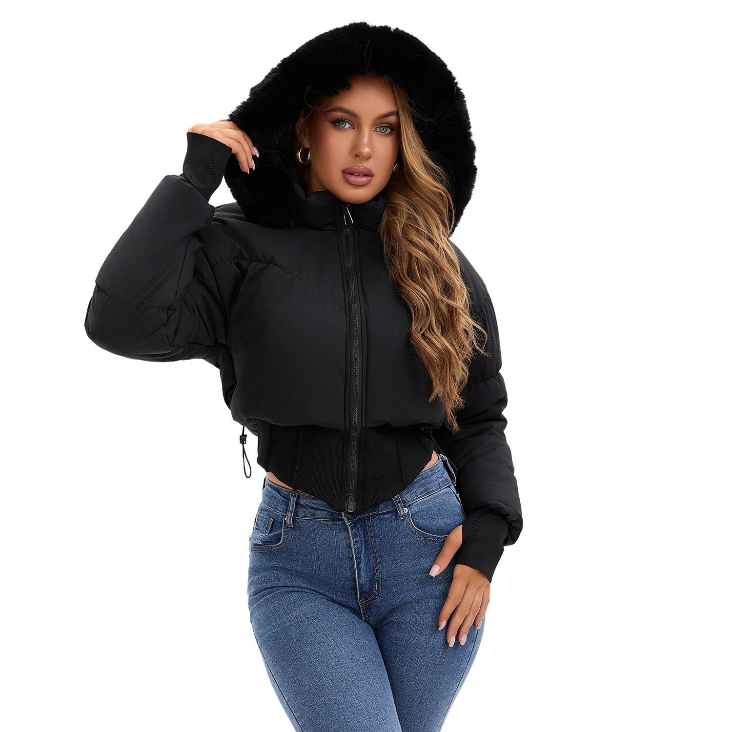 Cropped dames donsjas met afneembare capuchon – korte winterjas met kunstbont
