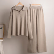 Dames Loungewear Set – Gebreide Tweedelige Set met Oversized Trui, Kraag & Wijde Broek