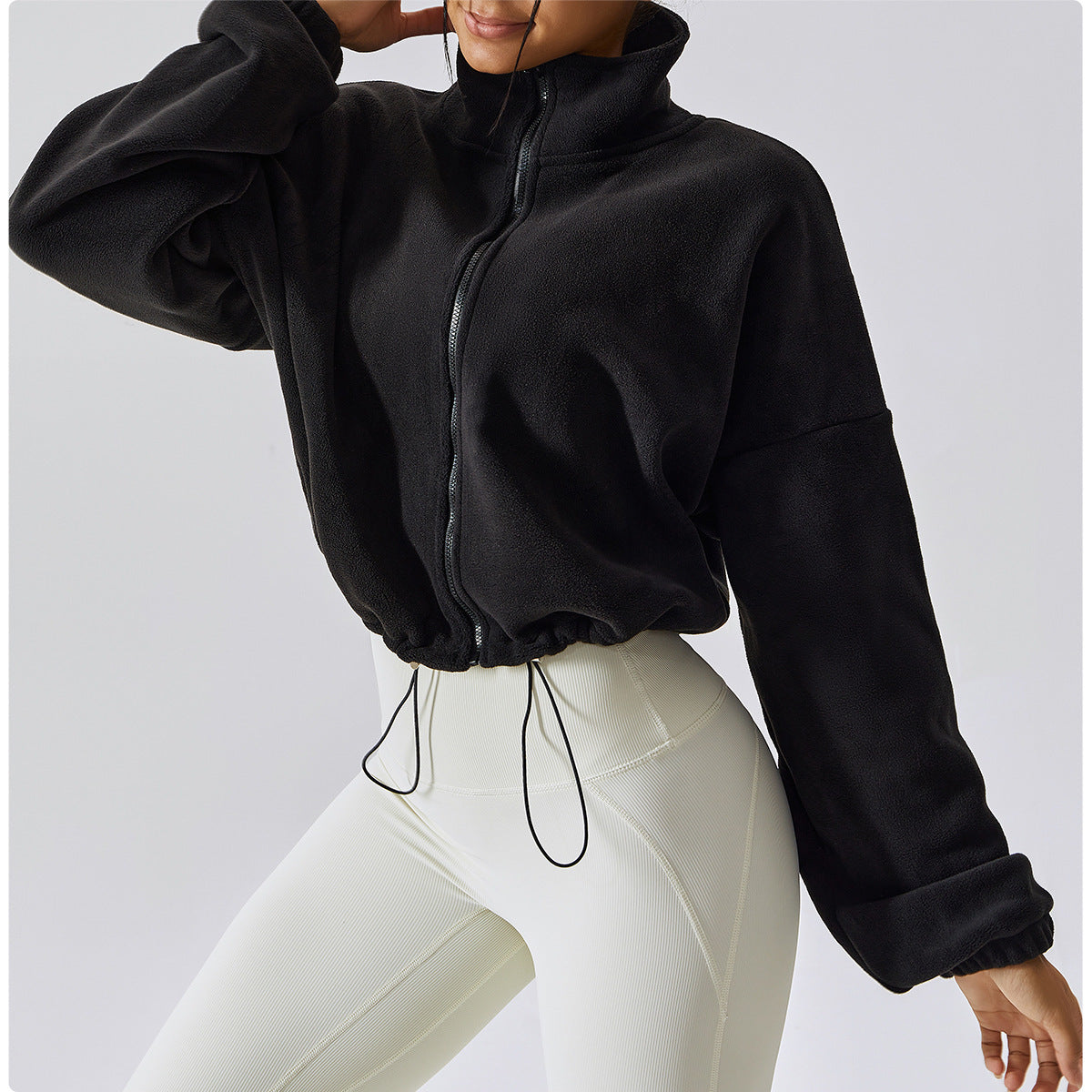 Dames Cropped Fleece Jas – Trendy Losse Pasvorm met Opstaande Kraag & Trekkoordzoom
