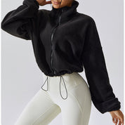 Dames Cropped Fleece Jas – Trendy Losse Pasvorm met Opstaande Kraag & Trekkoordzoom