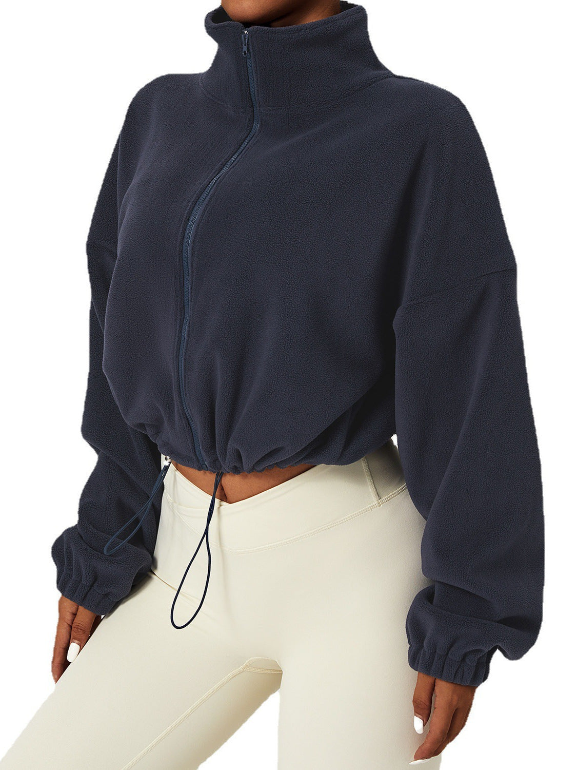 Dames Cropped Fleece Jas – Trendy Losse Pasvorm met Opstaande Kraag & Trekkoordzoom
