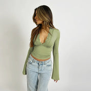 Dames top met kant – elegant lang mouw shirt met V-hals en aangesloten pasvorm