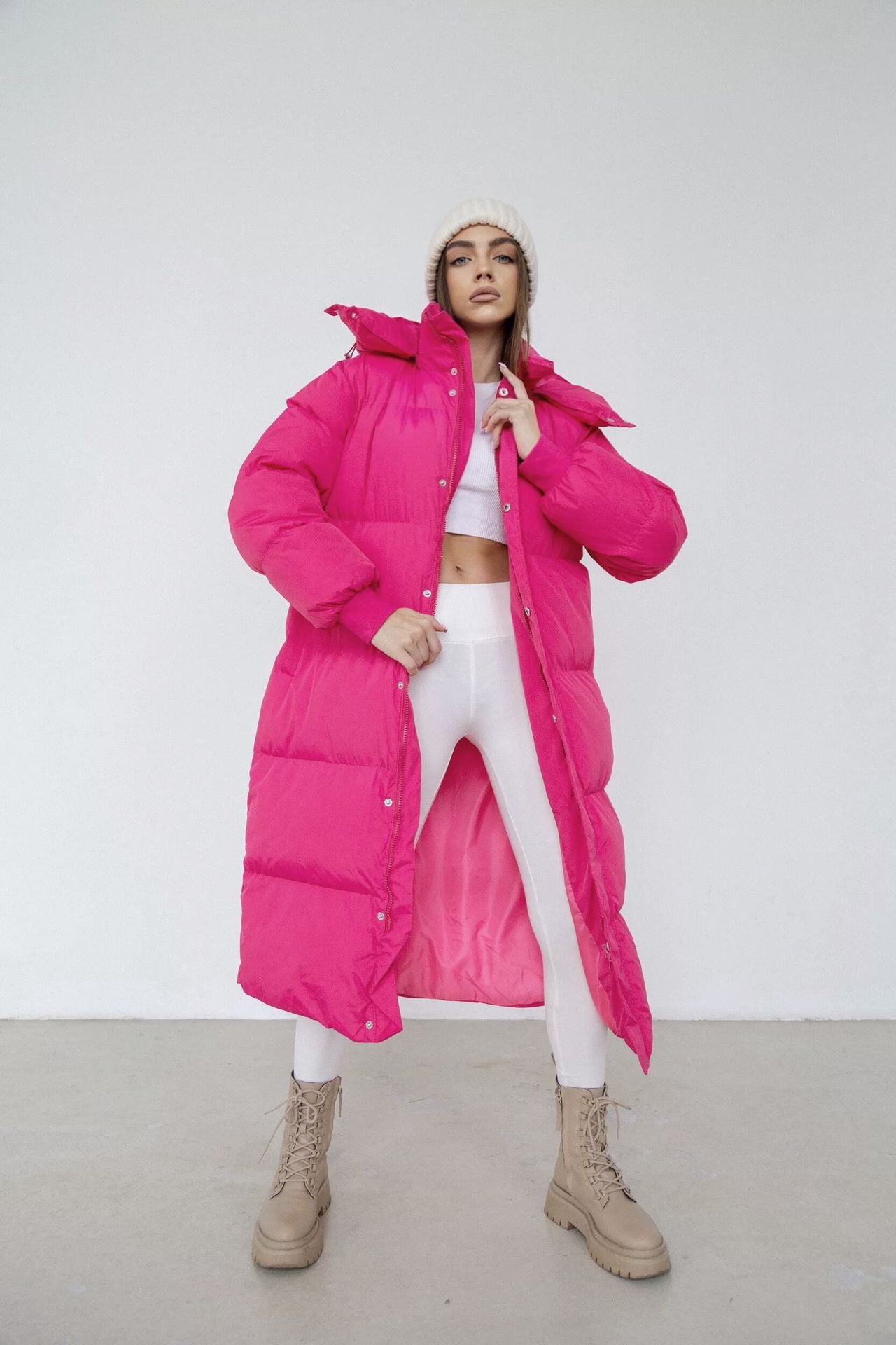 Dames Lange Puffer Trenchcoat – Oversized Gewatteerde Winterjas met Capuchon & Hoge Kraag