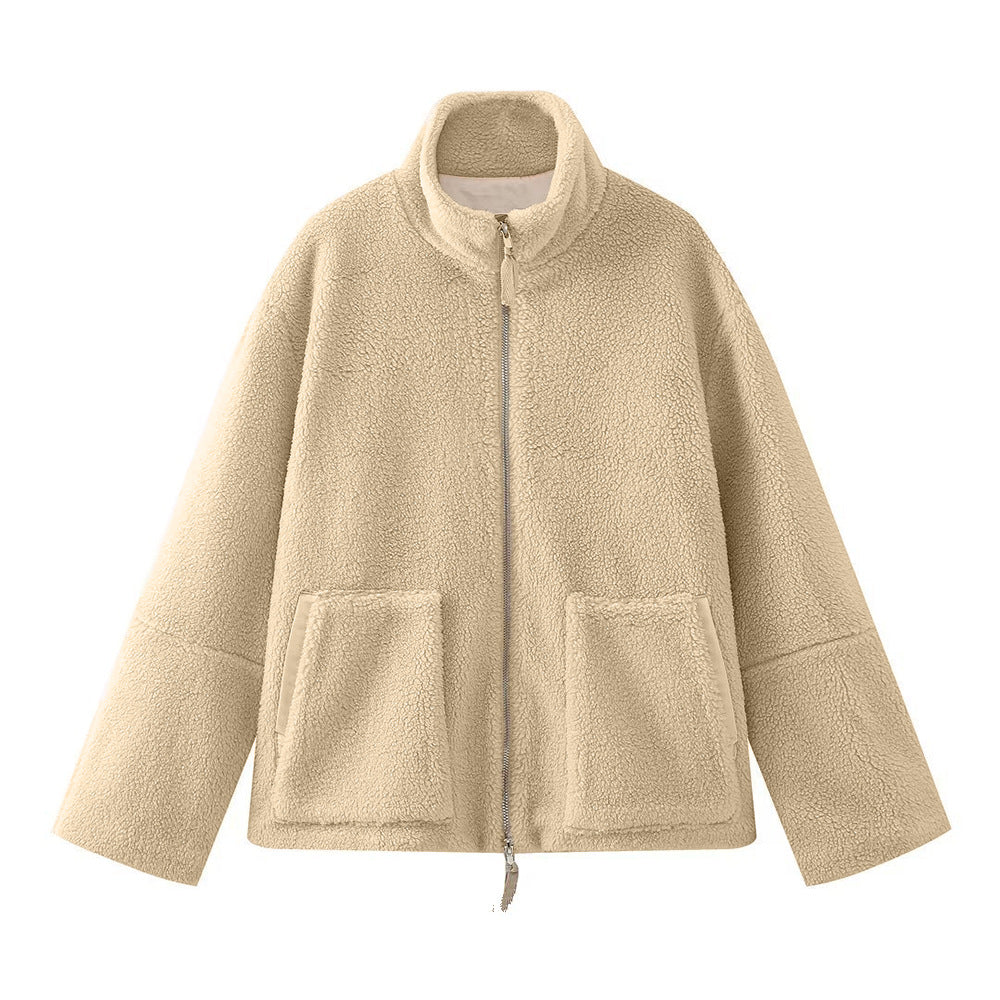 Heidi-Mode dames lamswollen jas – warme fleece jas met rits en hoge kraag