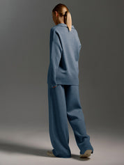 SEMNA cozy lounge set – ivoor relax pak met col en wide-leg broek
