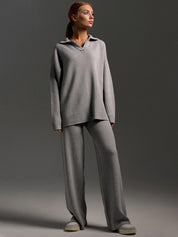Dames Loungewear Set – Gebreide Tweedelige Set met Oversized Trui, Kraag & Wijde Broek