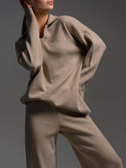 SEMNA cozy lounge set – ivoor relax pak met col en wide-leg broek
