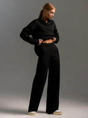 Dames Loungewear Set – Gebreide Tweedelige Set met Oversized Trui, Kraag & Wijde Broek