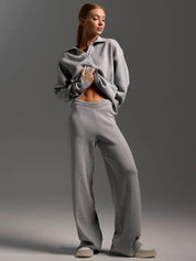 Dames Loungewear Set – Gebreide Tweedelige Set met Oversized Trui, Kraag & Wijde Broek