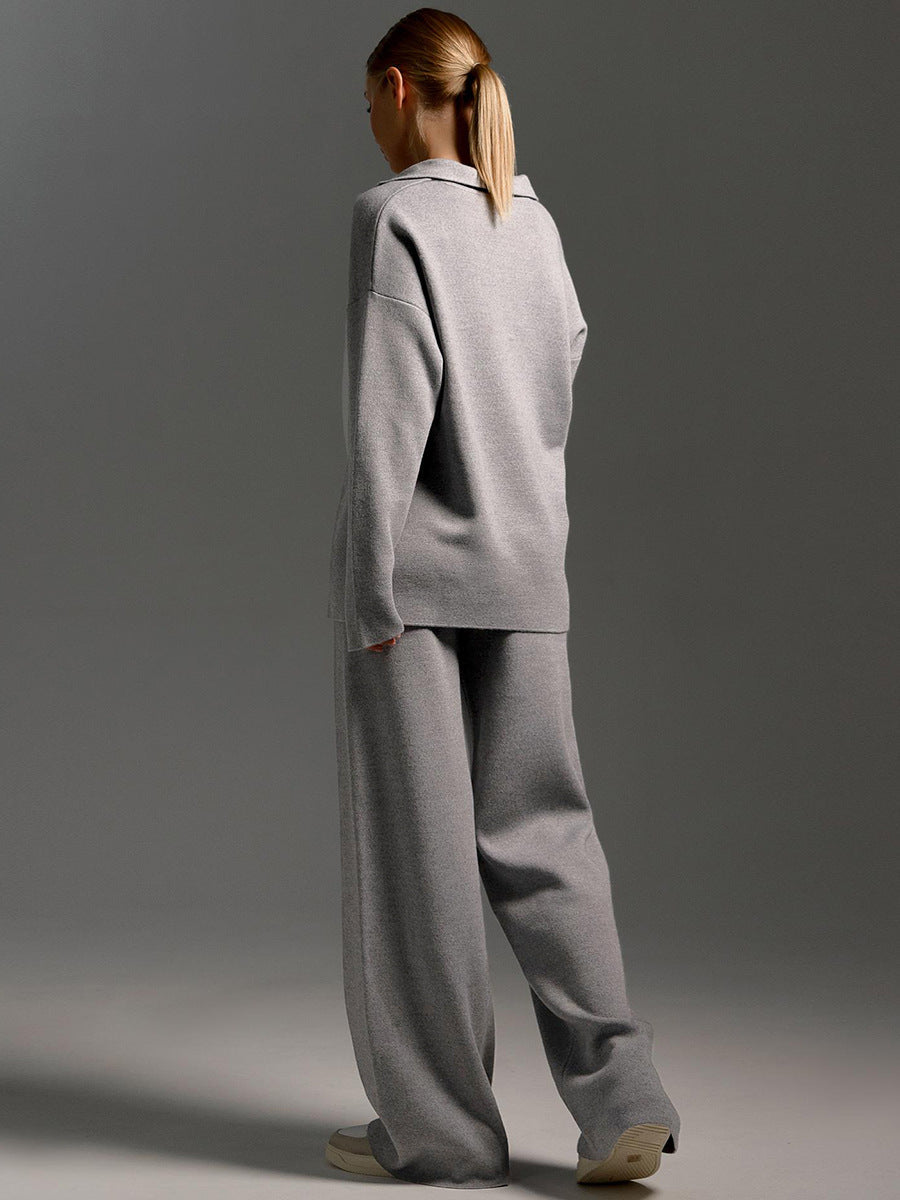 Dames Loungewear Set – Gebreide Tweedelige Set met Oversized Trui, Kraag & Wijde Broek