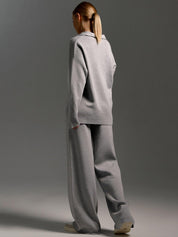 Dames Loungewear Set – Gebreide Tweedelige Set met Oversized Trui, Kraag & Wijde Broek