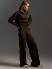 Dames Loungewear Set – Gebreide Tweedelige Set met Oversized Trui, Kraag & Wijde Broek