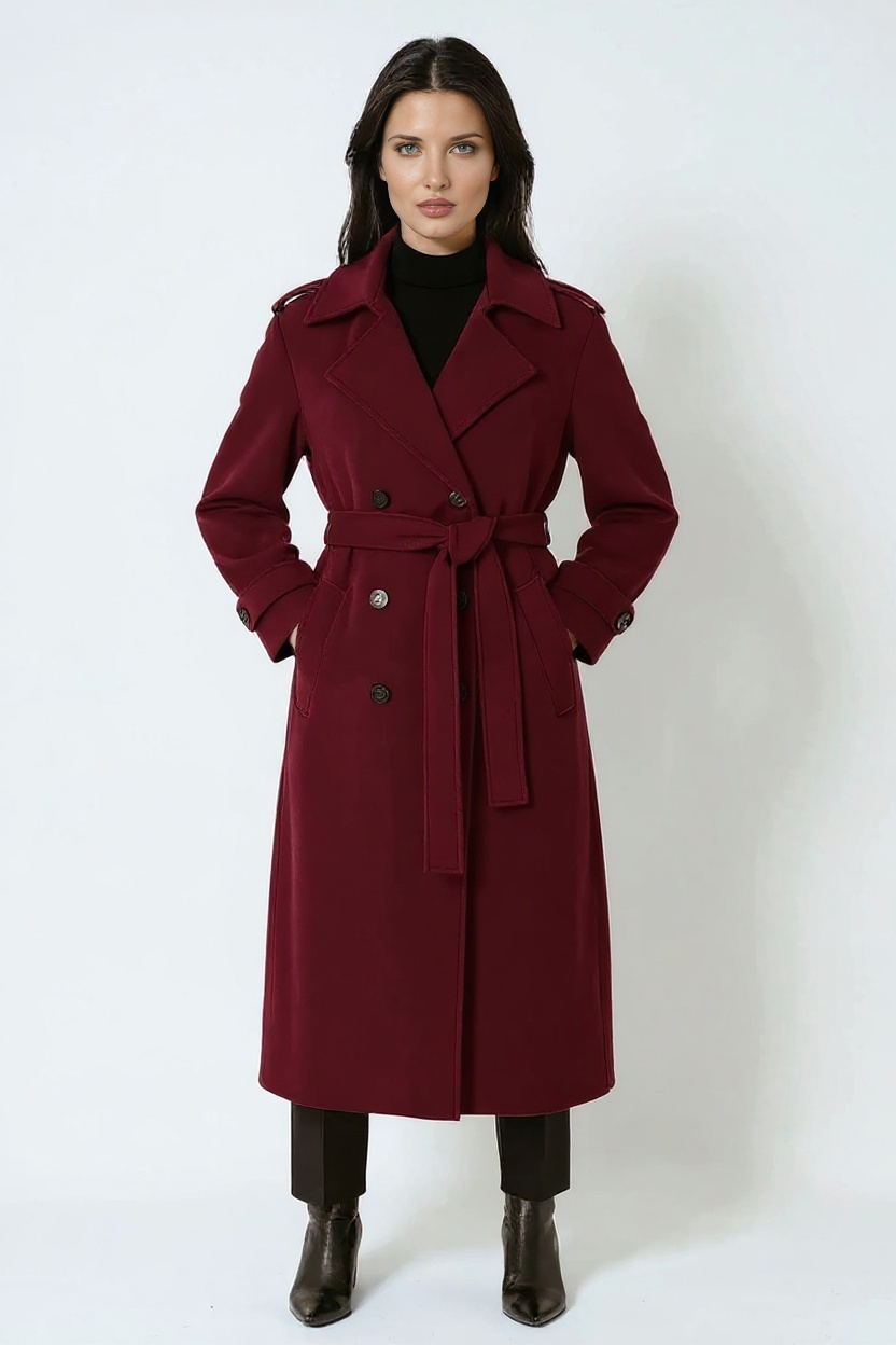 Lola dames winterjas – stijlvolle burgundy mantel met ceintuur en double-breasted design