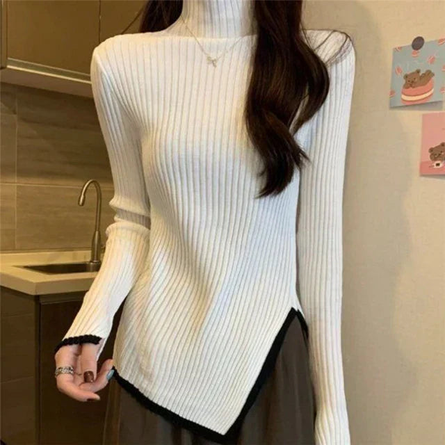 Herfsttrui met Uitlopende Mouwen Dames – Elegante Gebreide Trui met Halfhoge Kraag