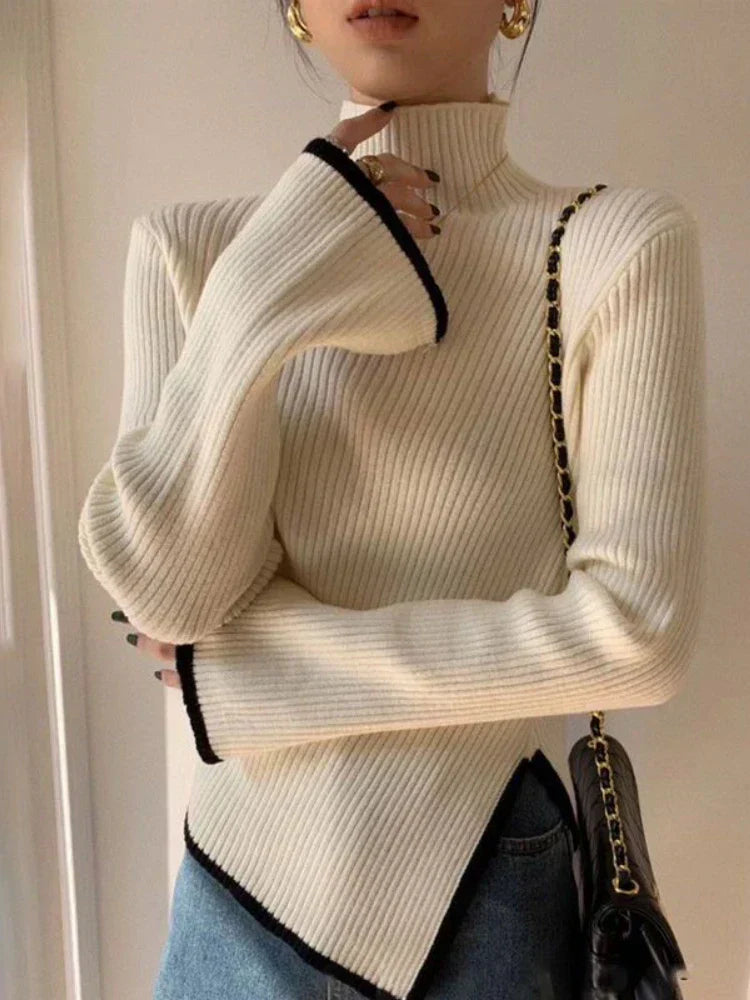 Herfsttrui met Uitlopende Mouwen Dames – Elegante Gebreide Trui met Halfhoge Kraag