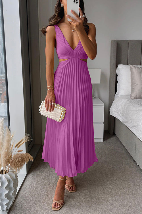 Elegante dames jurk – maxi jurk met V-hals, plissé rok en cut-out taille