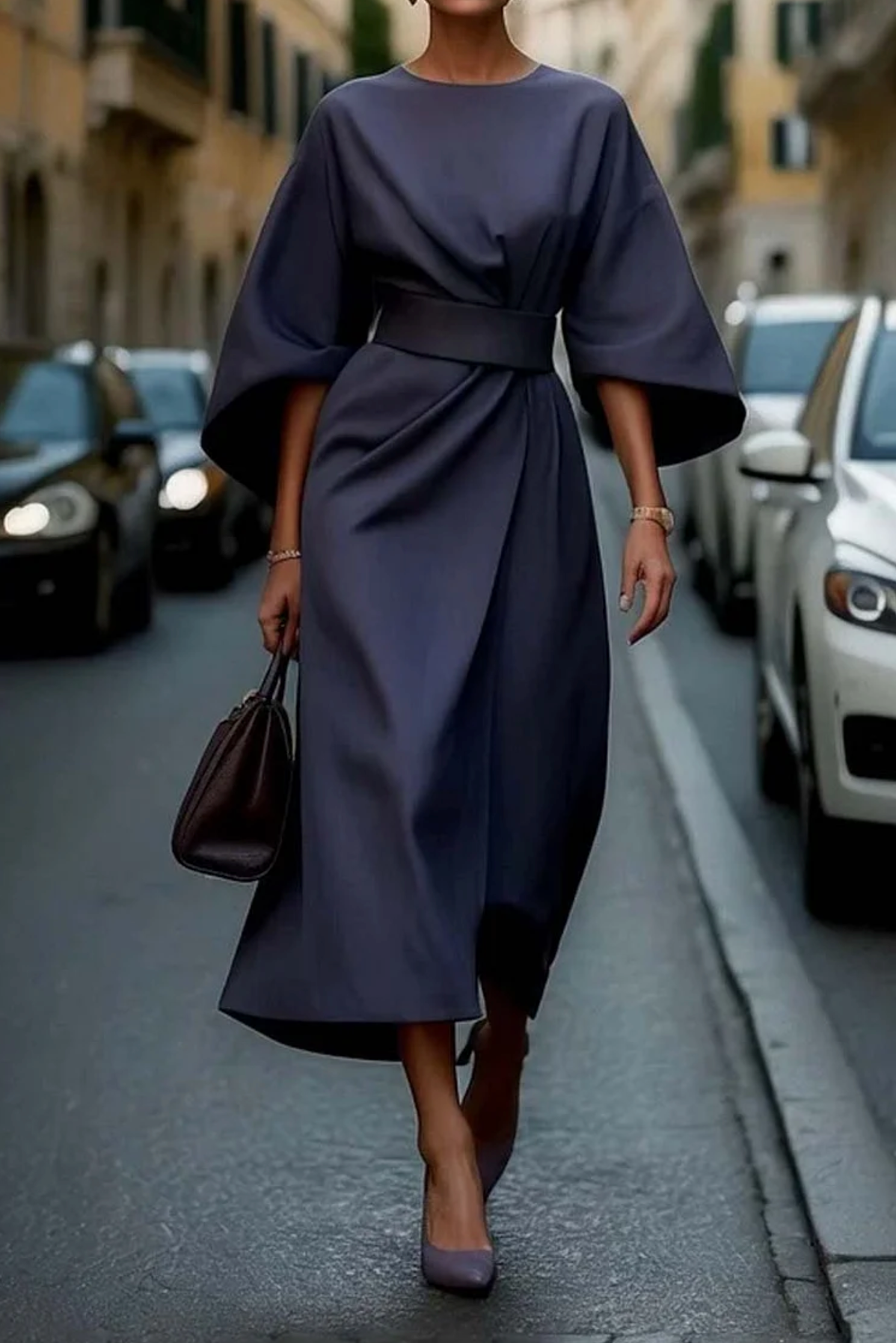 Elegante dames midi-jurk – stijlvol kleed met lantaarnmouwen en flatterende pasvorm