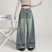 Grijze wide leg jeans dames – high waist spijkerbroek met stoere washed look