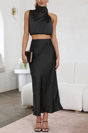 Satijnen Co-ord Set – Chique Halter Crop Top en Maxi Rok voor Feestelijke Gelegenheden