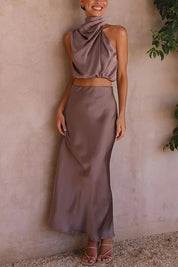 Satijnen Co-ord Set – Chique Halter Crop Top en Maxi Rok voor Feestelijke Gelegenheden