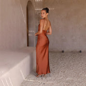 Elara satijnen maxi jurk dames – elegante avondjurk met lage rug & cowl hals