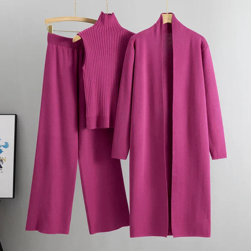 Roxy 3-delige co-ord set dames – gebreide cardigan, coltrui & wijde broek