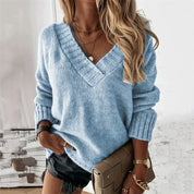 Zachte dames trui met V-hals – gebreide sweater voor herfst en winter