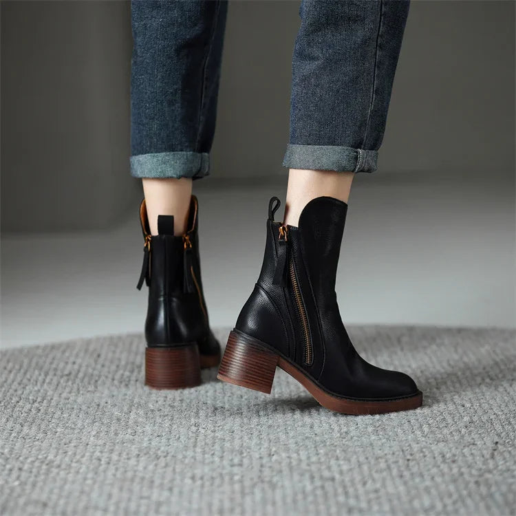 Dames enkelboots – stijlvolle leren laarsjes met hak en ritssluiting