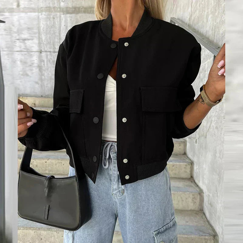 Dames bomberjack – relaxed fit cropped model met ribboorden & drukknoopsluiting