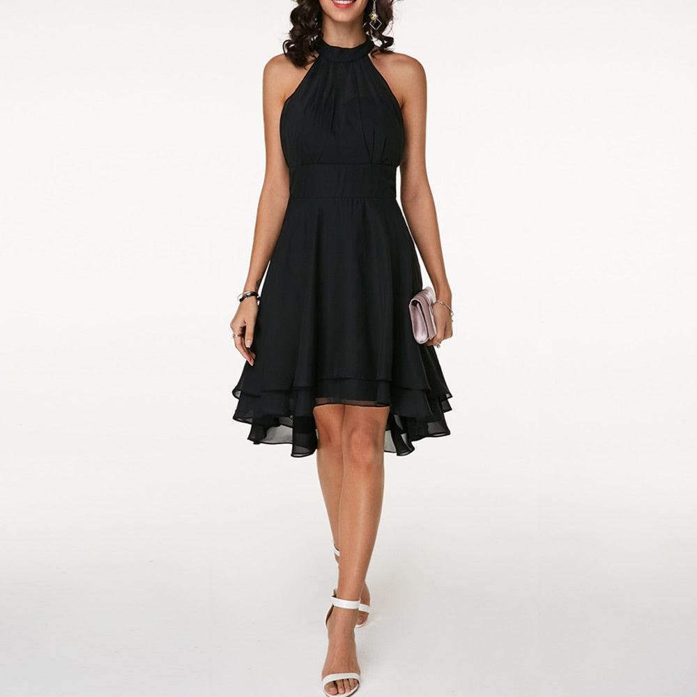 Esta | Dames Halter Feestjurk | Elegante Cocktailjurk met High-Low Zoom