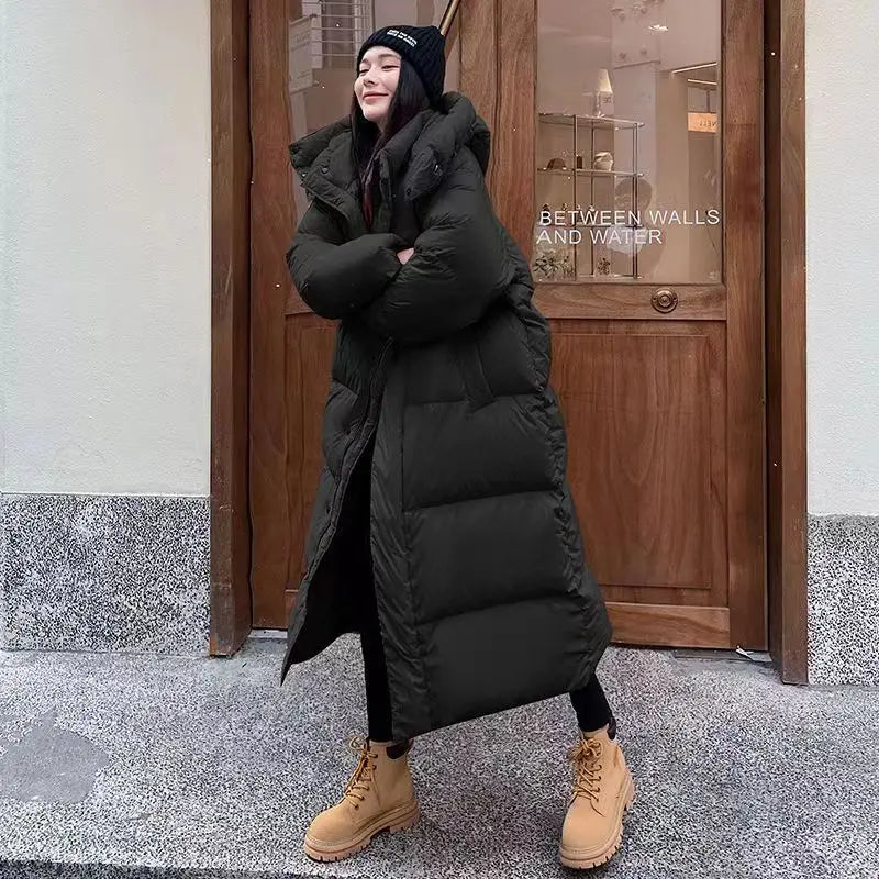 Dames Lange Gewatteerde Puffer Jas – Warme Winterjas met Capuchon, Relaxte Pasvorm & Winddichte Bescherming