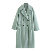 Lange dames jas wol – dubbel geknoopt & elegant voor herfst en winter