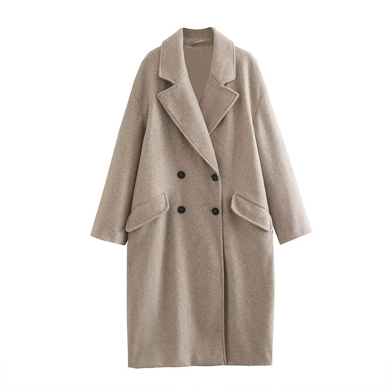 Lange dames jas wol – dubbel geknoopt & elegant voor herfst en winter