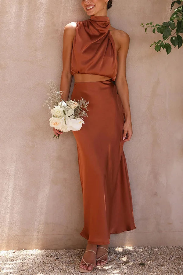Satijnen Co-ord Set – Chique Halter Crop Top en Maxi Rok voor Feestelijke Gelegenheden