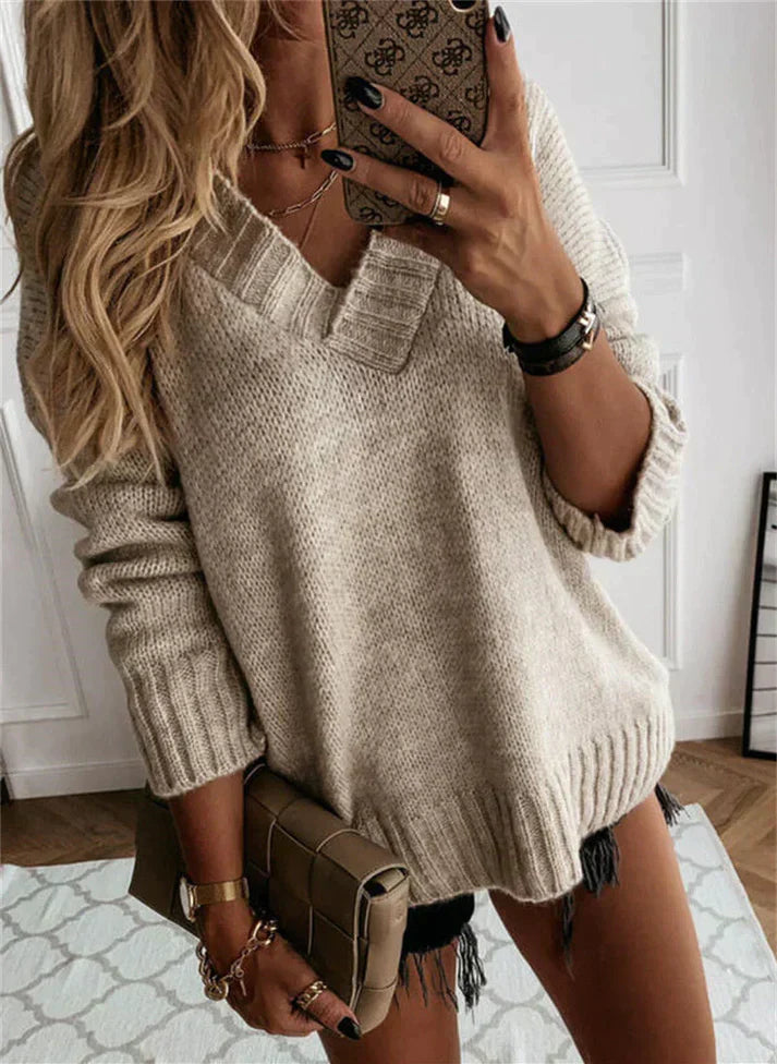 Zachte dames trui met V-hals – gebreide sweater voor herfst en winter